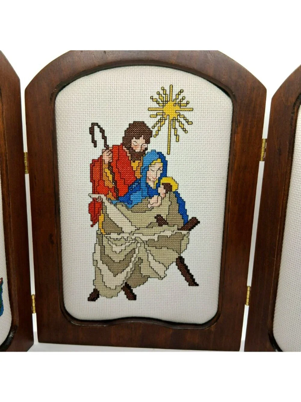 Vintage Wood Triptych Nativity Needlepoint Panels Holy Family Kings Angel 1984